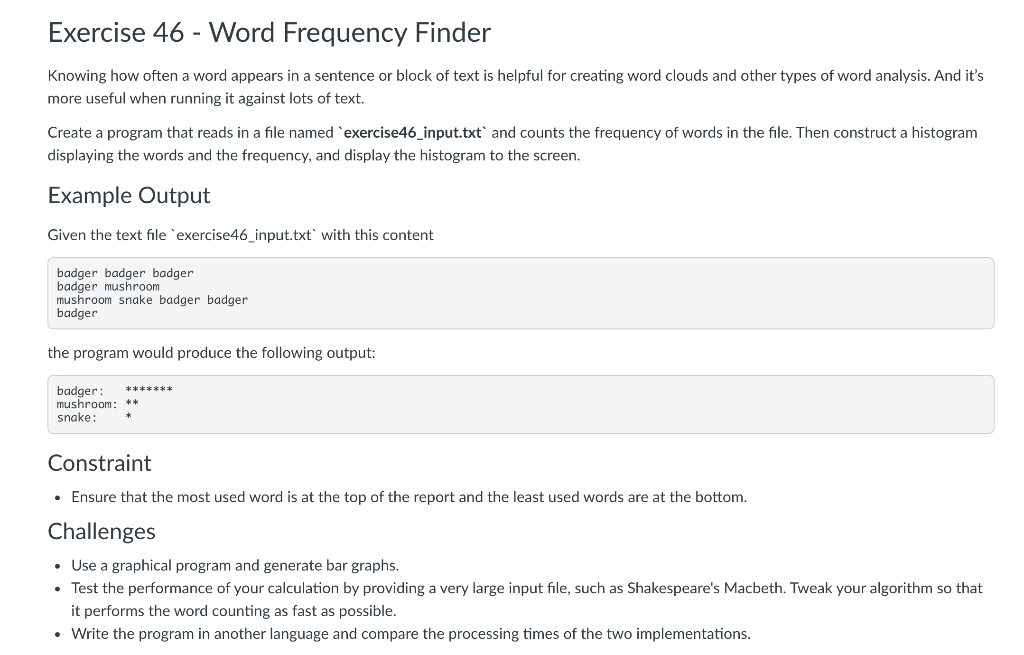 Solved Exercise 46 - Word Frequency Finder Knowing how often | Chegg.com