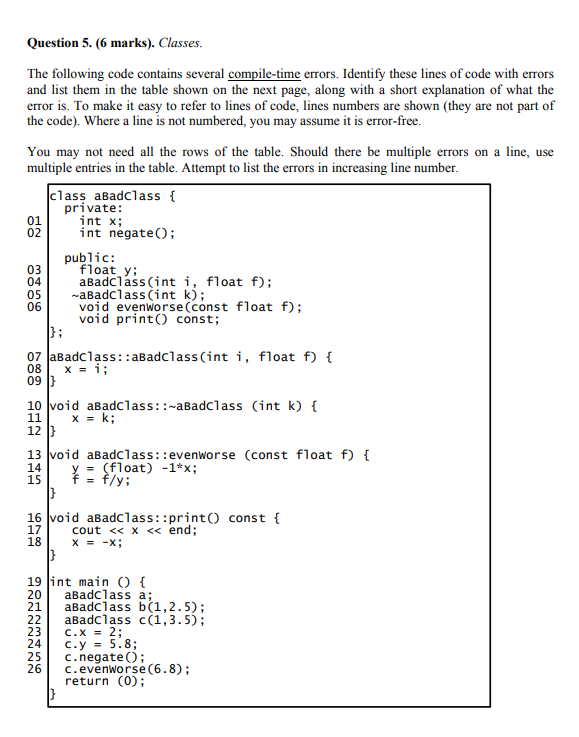 Solved Question 5. (6 marks). Classes. The following code | Chegg.com