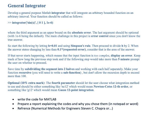 Solved General Integrator Develop a general purpose Matlab | Chegg.com