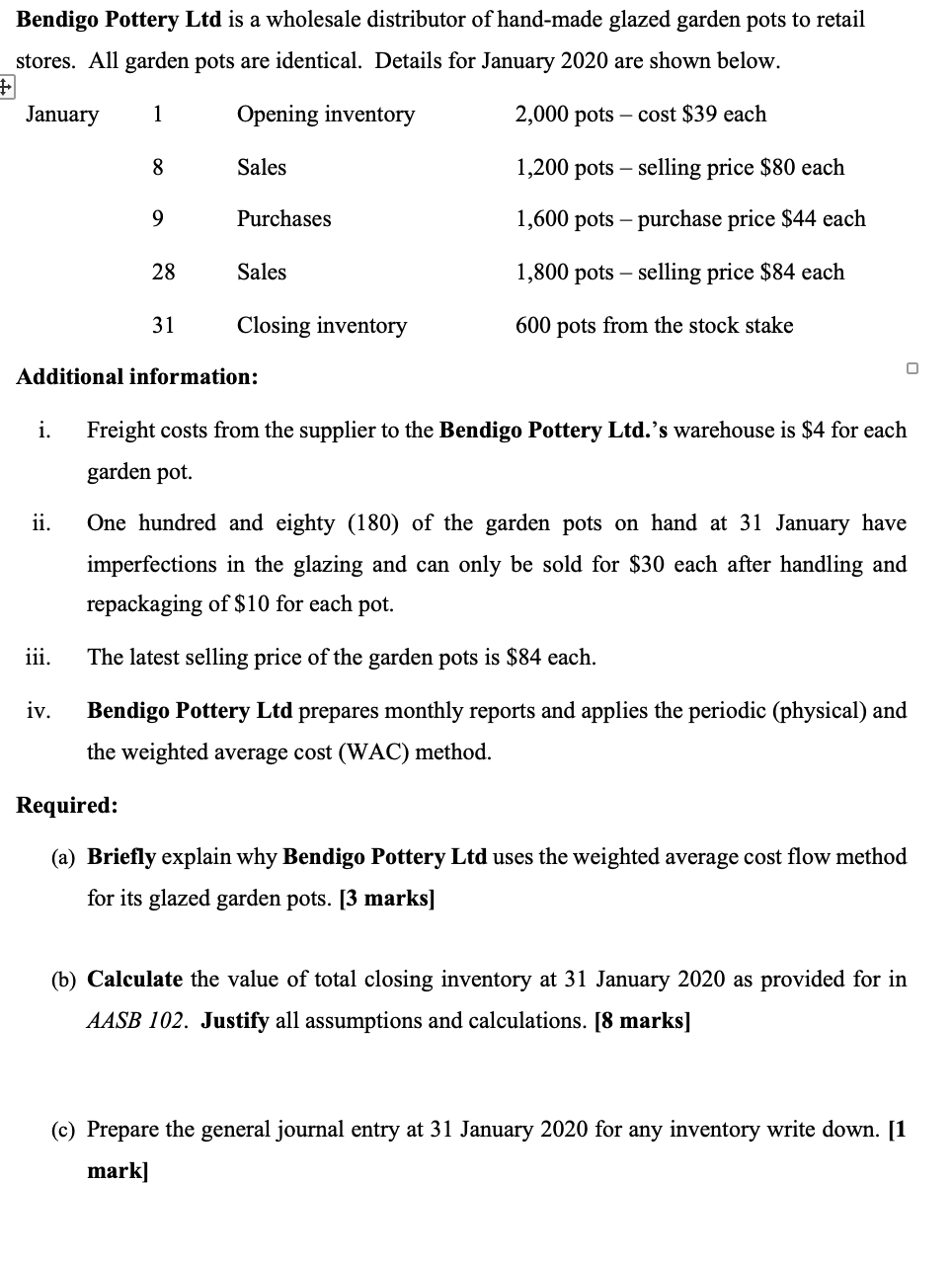 Solved Bendigo Pottery Ltd is a wholesale distributor of