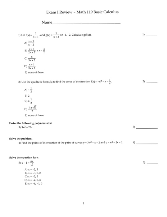 Solved Exam I Review Math 119 Basic Calculus Ame 1) Let | Chegg.com