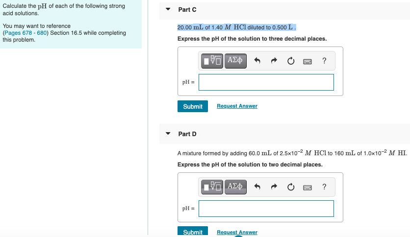Solved Part A Calculate the pH of each of the following | Chegg.com