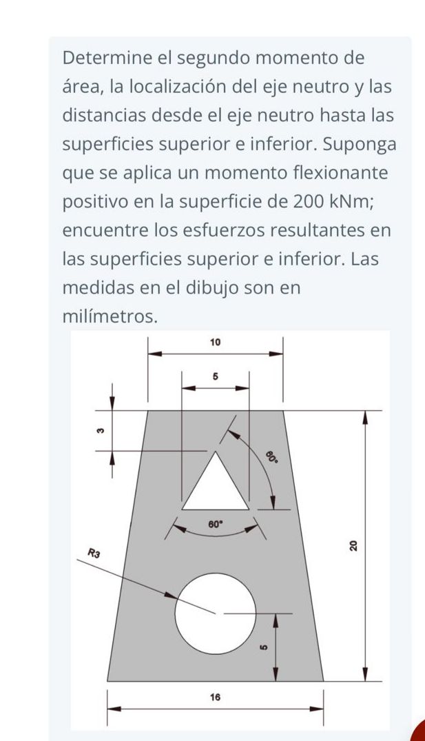 Determine el segundo momento de área, la localización del eje neutro y las distancias desde el eje neutro hasta las superfici