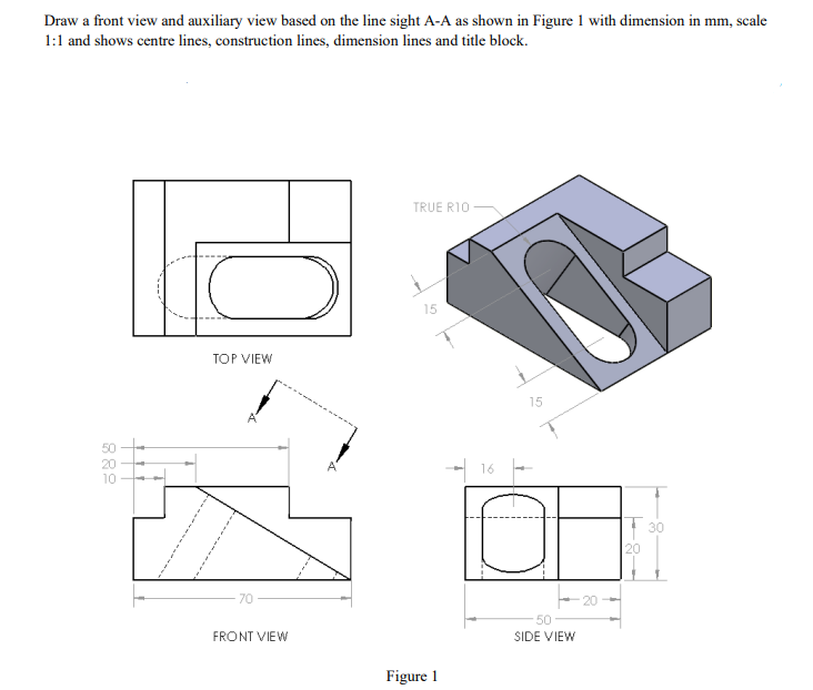 Solved Draw a front view and auxiliary view based on the | Chegg.com