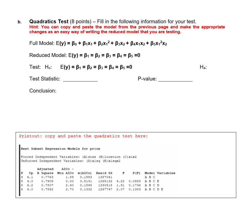 Solved B. Quadratics Test (8 Points) - Fill In The Following | Chegg.com