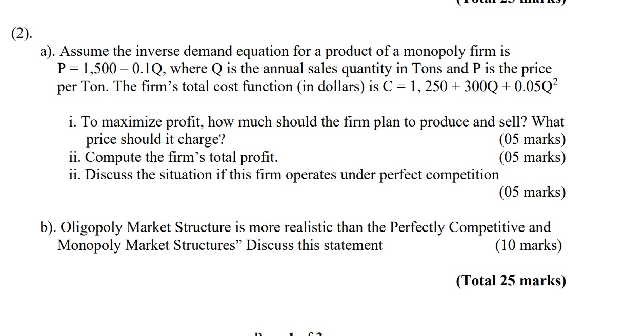 Solved a). Assume the inverse demand equation for a product | Chegg.com