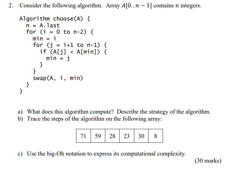 Solved 2. Consider the following algorithm. Array A[O..n - | Chegg.com