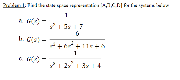 Solved Problem 1: Find the state space representation | Chegg.com