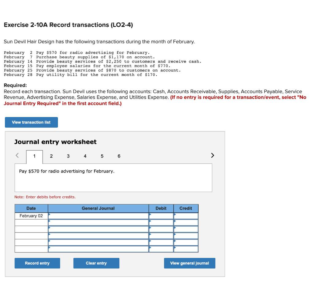 Solved Exercise 2-10A Record transactions (LO2-4) Sun Devil | Chegg.com