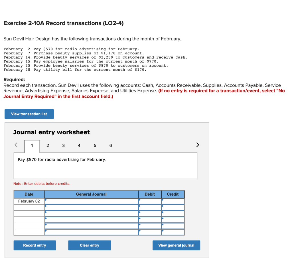 Solved Exercise 2-10A Record transactions (LO2-4) Sun Devil 