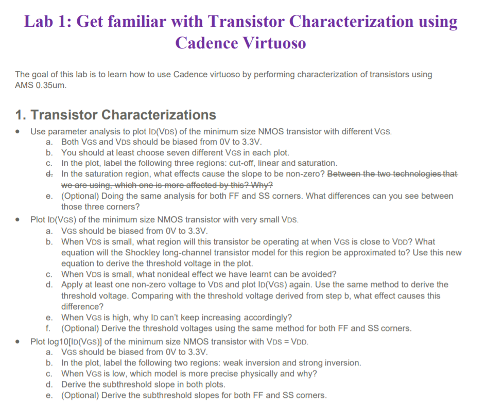Lab 1: Get familiar with Transistor Characterization | Chegg.com