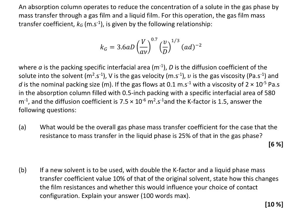 Solved An Absorption Column Operates To Reduce The | Chegg.com