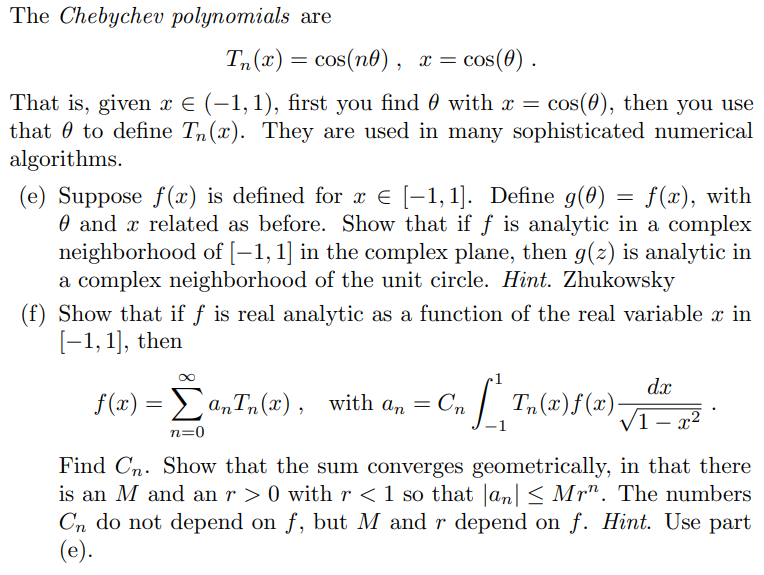 Solved The Chebychev polynomials are Tn(x)=cos(nθ),x=cos(θ). | Chegg.com