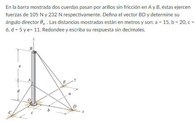 En la barra mostrada dos cuerdas pasan por arillos sin fricción en A y B, éstas ejercen fuerzas de \( 105 \mathrm{~N} \) y \(