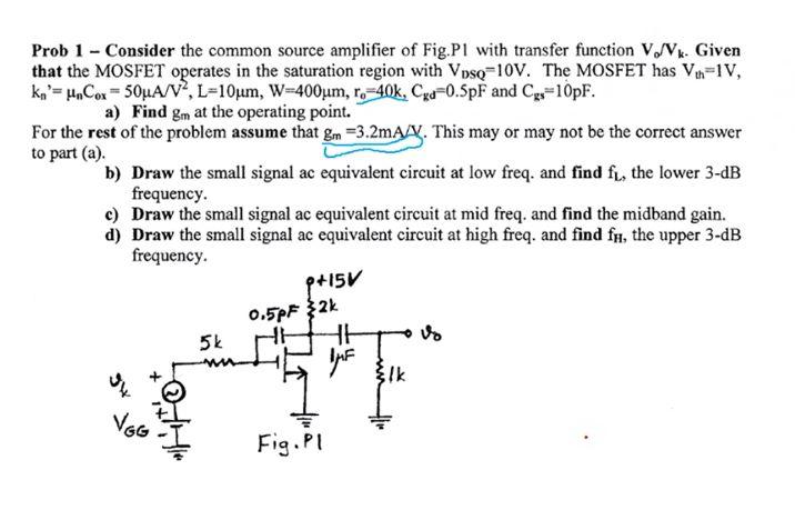 Solved Prob 1 - Consider the common source amplifier of | Chegg.com