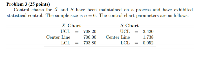 Solved Problem 3 (25 points) Control charts for X and S have | Chegg.com