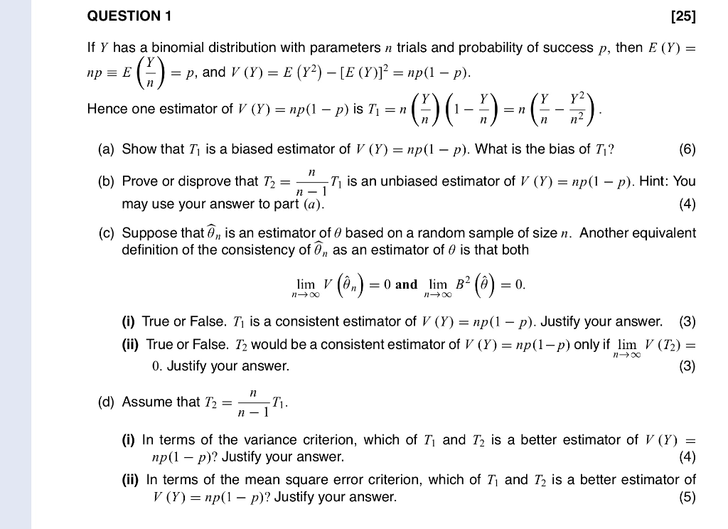 Solved Question 1 25 Np E If Y Has A Binomial Distrib Chegg Com