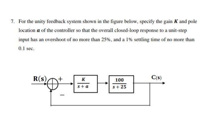 Solved 7. For the unity feedback system shown in the figure | Chegg.com