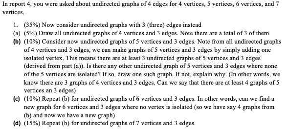 In report 4, you were asked about undirected graphs of 4 edges for 4 vertices, 5 vertices, 6 vertices, and 7 vertices. 1. (35