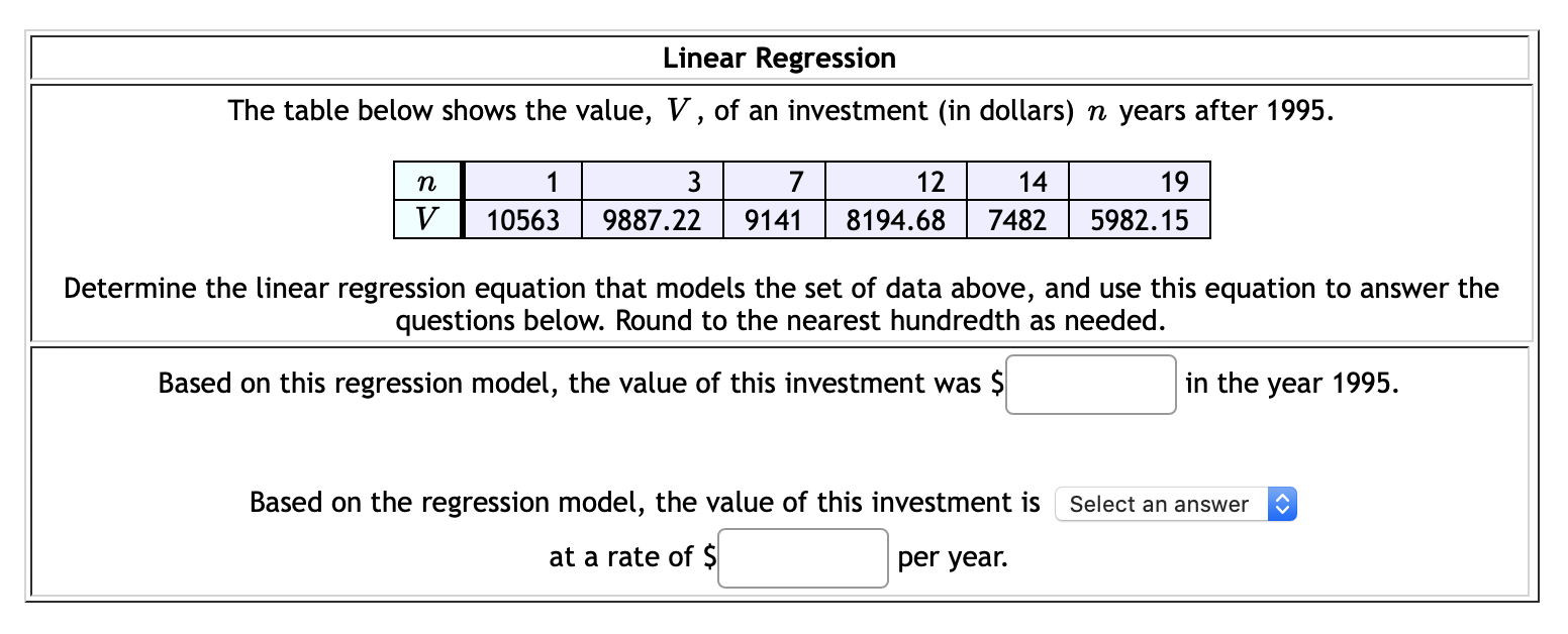 Solved Linear Regression The table below shows the value, V, | Chegg.com