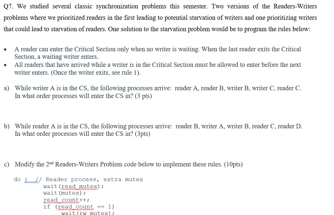 Q7. We studied several classic synchronization | Chegg.com