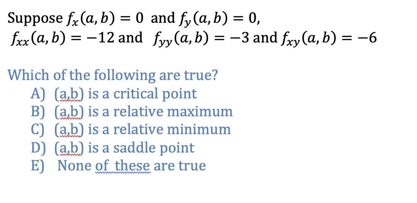 Solved Suppose Fx(a,b)=0 And Fy(a,b)=0, Fxx(a,b)=−12 And | Chegg.com