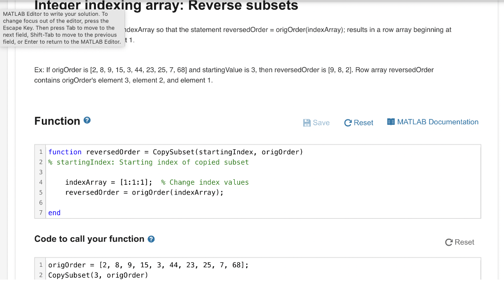 Solved Integer indexing array Reverse subsets MATLAB Editor