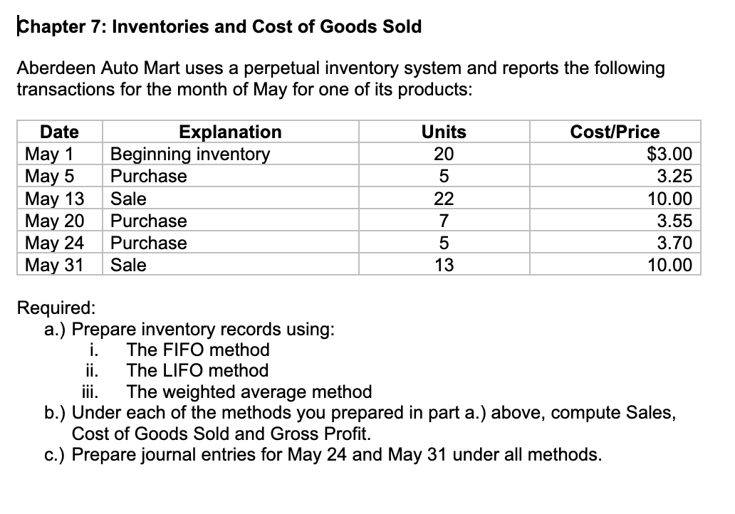 Solved Chapter 7: Inventories And Cost Of Goods Sold | Chegg.com