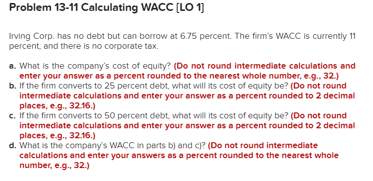 Solved Problem 13-11 Calculating WACC [LO 1] Irving Corp. | Chegg.com