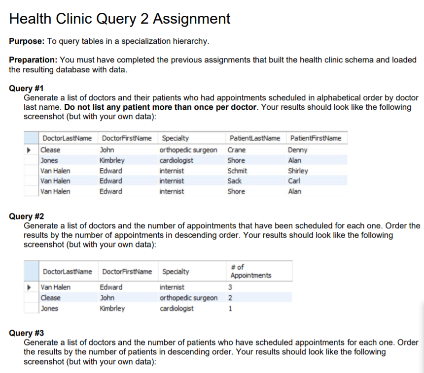 Health Clinic Query 2 Assignment Purpose: To query | Chegg.com