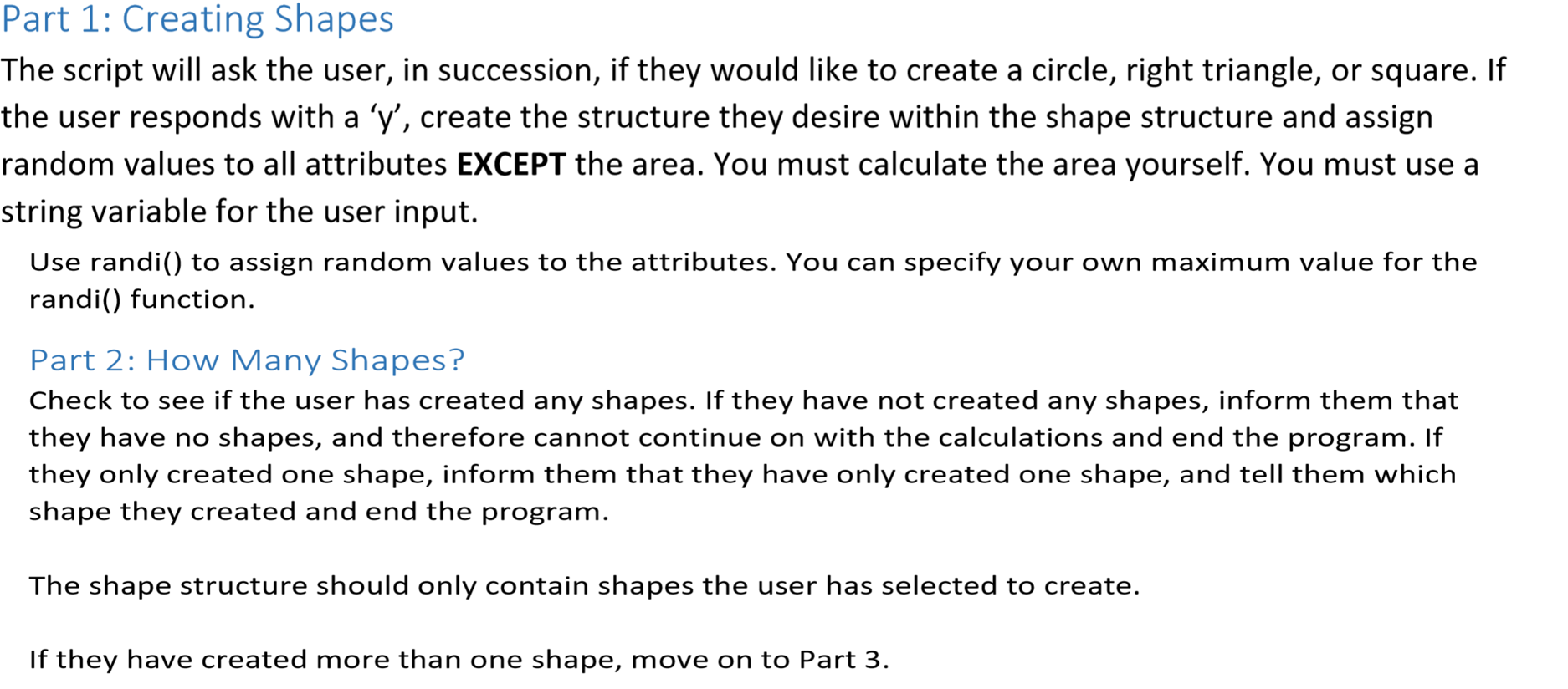 Shape For Script Part 1: Creating Shapes The script will ask the user, | Chegg.com