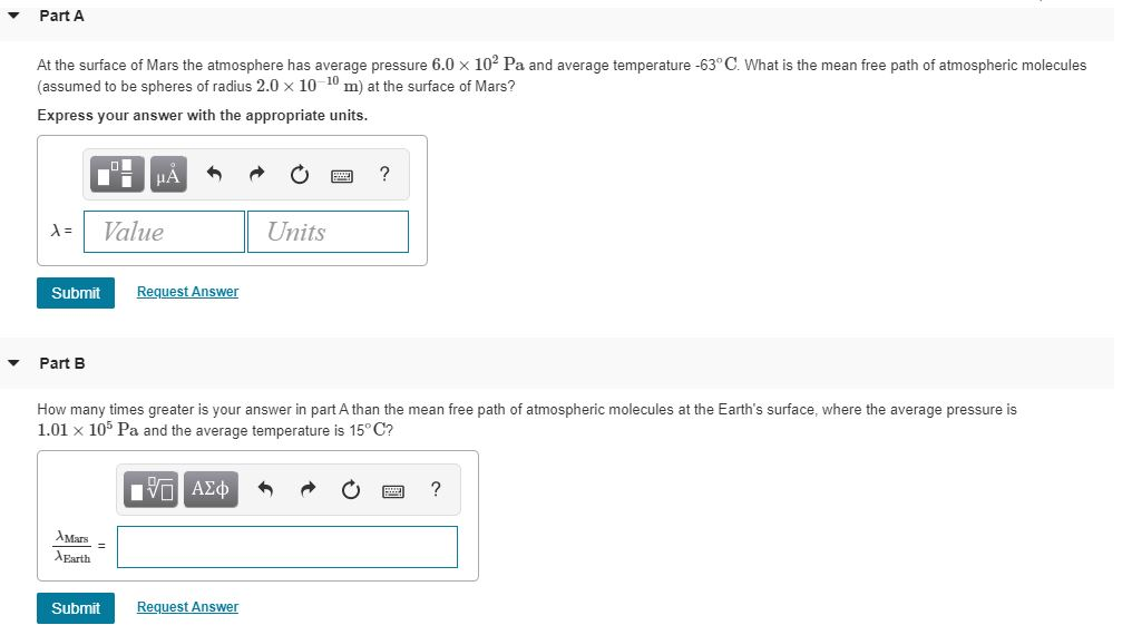 Solved Part A At the surface of Mars the atmosphere has | Chegg.com