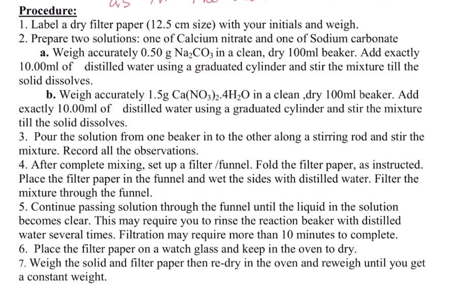 Solved Procedure 1. Label a dry filter paper (12.5 cm size)