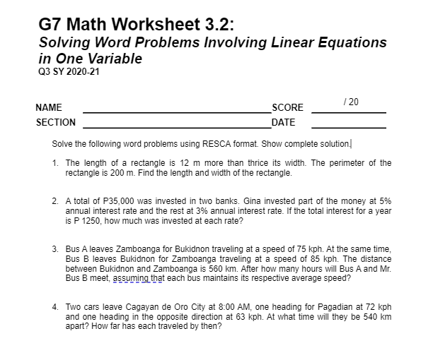Solved G7 Math Worksheet 3.2: Solving Word Problems | Chegg.com