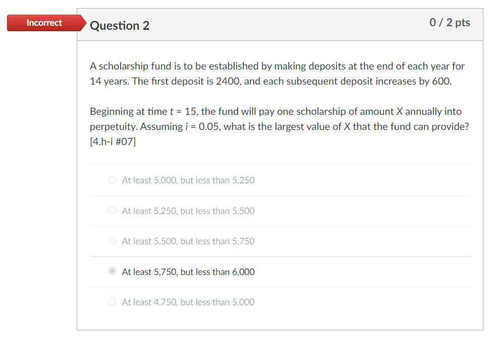 Solved Incorrect Question 2 0/2 pts A scholarship fund is to | Chegg.com