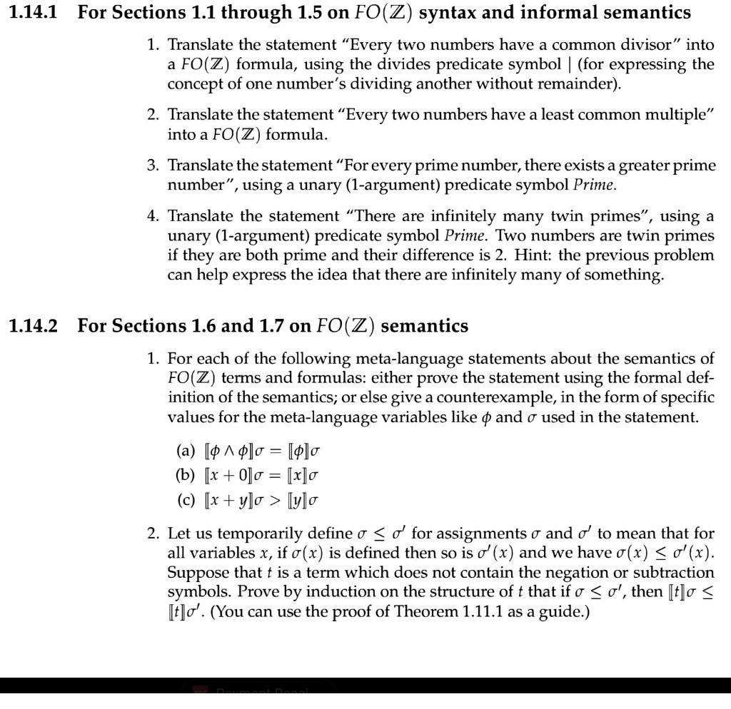 1.14.1 For Sections 1.1 through 1.5 on FO(Z) syntax | Chegg.com