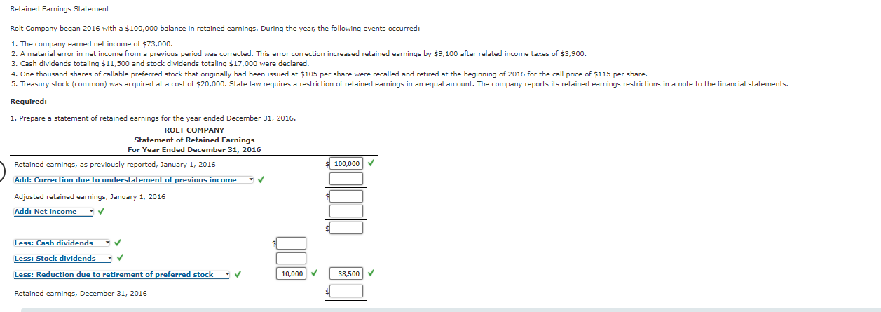 Solved Retained Earnings Statement Rolt Company Began 2016 | Chegg.com