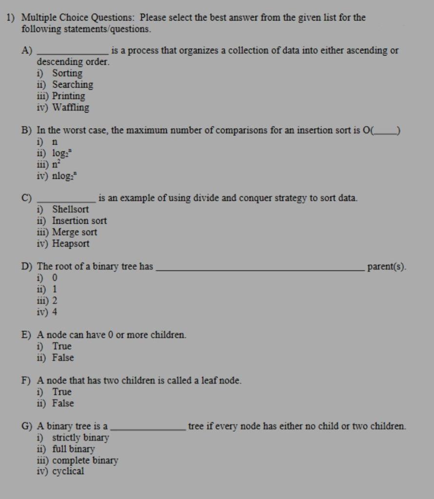 Solved 1) Multiple Choice Questions: Please select the best | Chegg.com