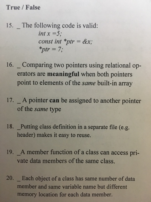 Solved True/False 15. _The following code is valid: int x | Chegg.com