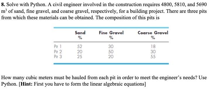 Solved 8. Solve with Python. A civil engineer involved in | Chegg.com