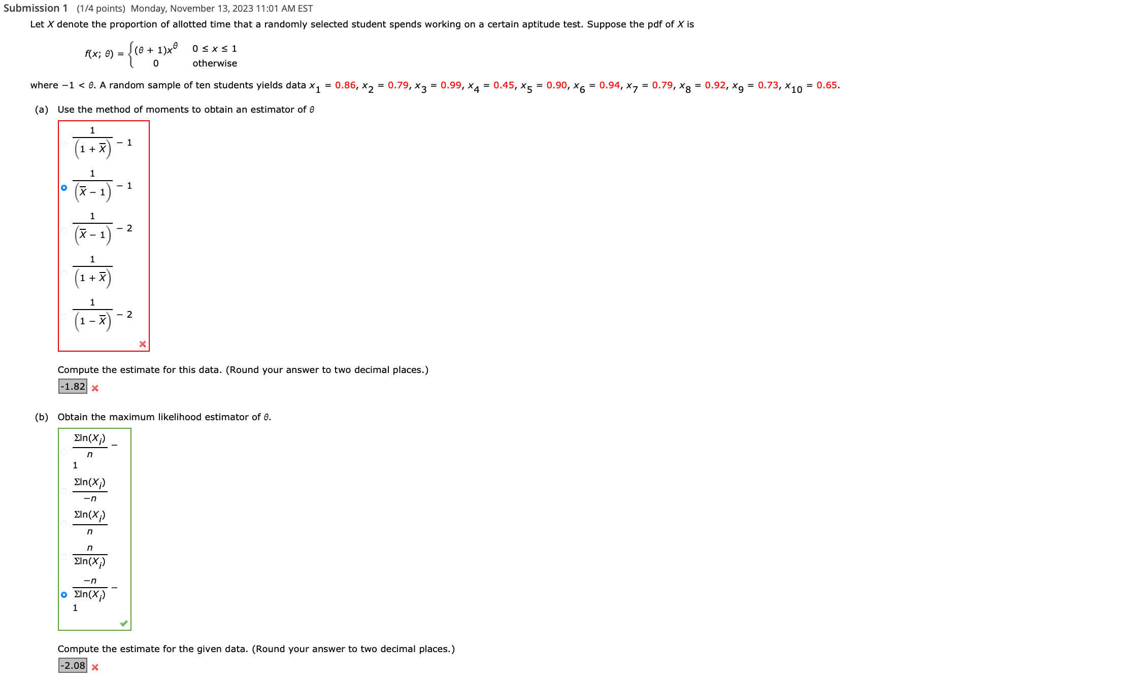 Solved f(x;θ)={(θ+1)xθ00≤x≤1 otherwise where −1