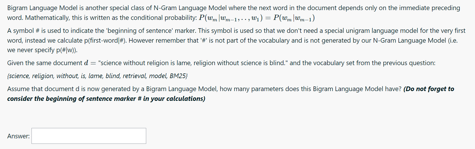 Solved т : — Bigram Language Model Is Another Special Class | Chegg.com