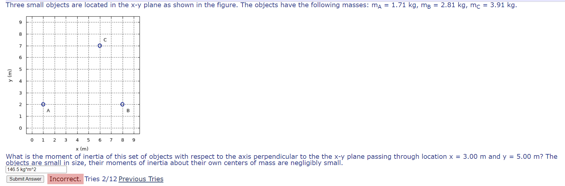 Solved Three small objects are located in the x-y plane as | Chegg.com