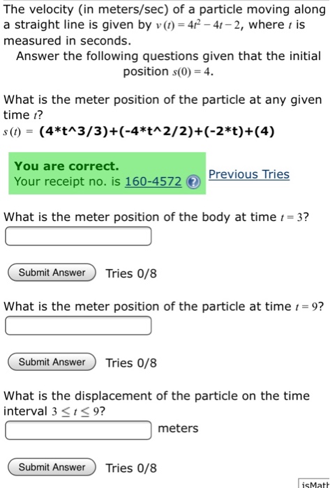 Solved The velocity (in meters/sec) of a particle moving | Chegg.com