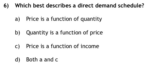Solved 6) Which best describes a direct demand schedule? a) | Chegg.com