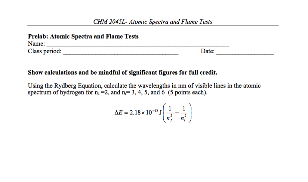 Solved CHM 2045L- Atomic Spectra And Flame Tests Prelab: | Chegg.com