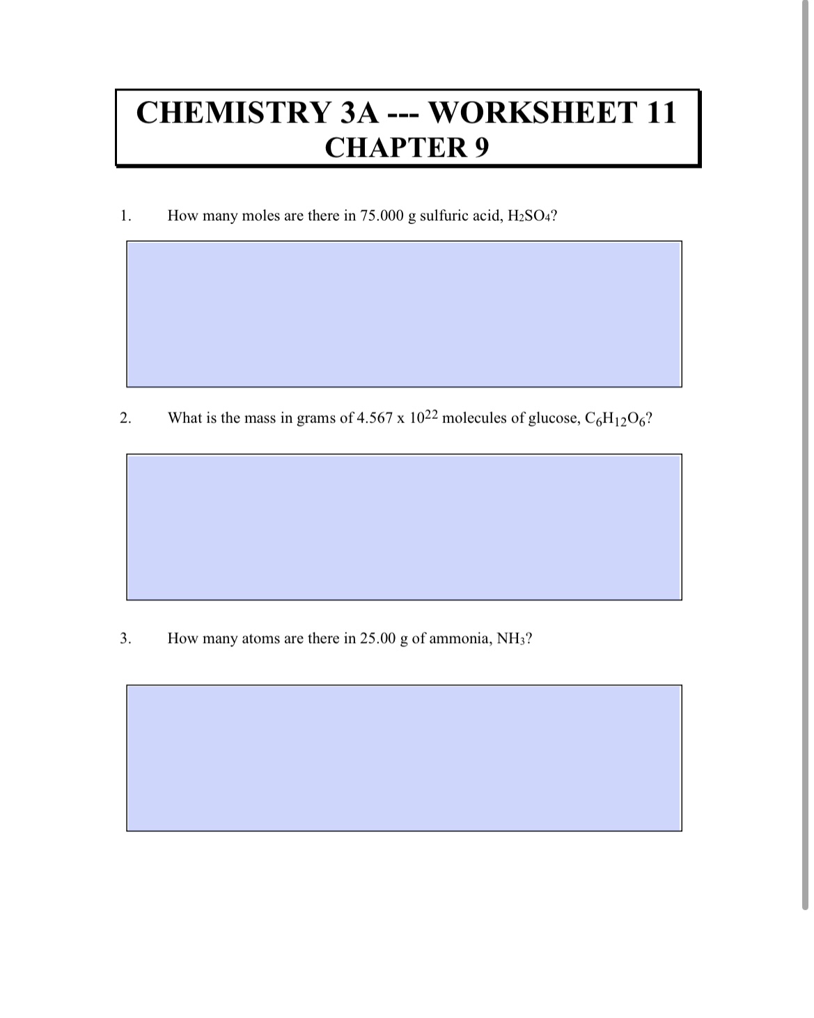 Solved CHEMISTRY 3A --- ﻿WORKSHEET 11 ﻿CHAPTER 9 | Chegg.com