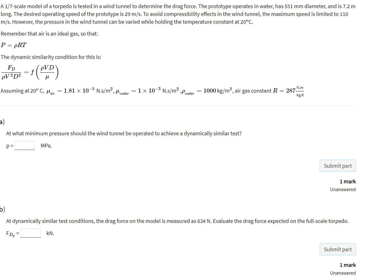 Solved A 1/7-scale model of a torpedo is tested in a wind | Chegg.com