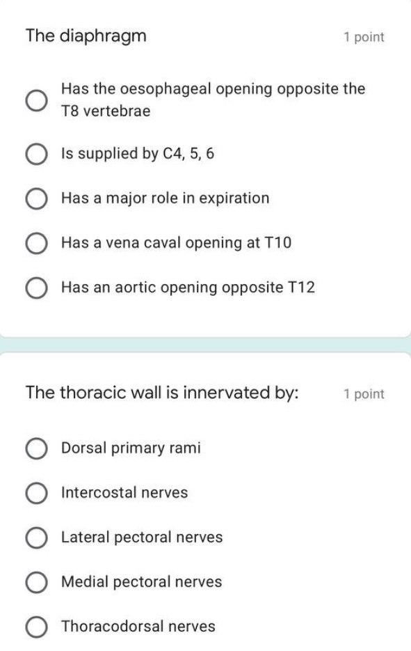 Solved The diaphragm 1 point Has the oesophageal opening | Chegg.com