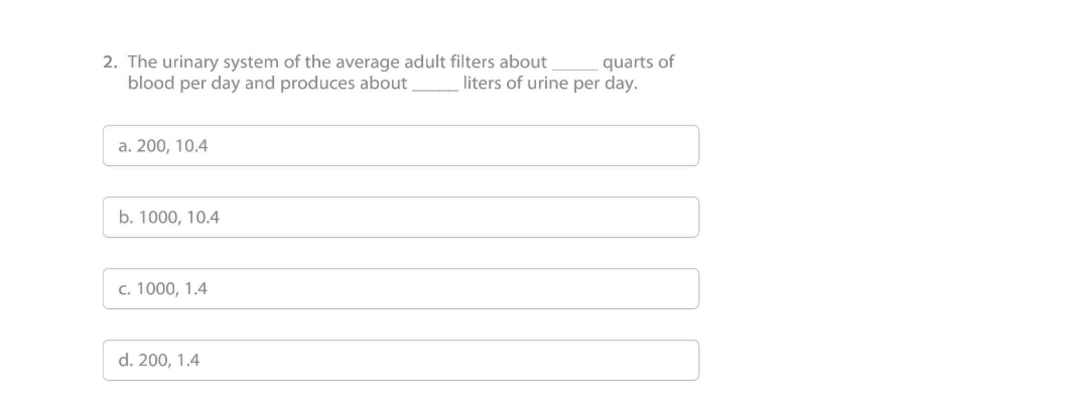 Solved 2. The urinary system of the average adult filters